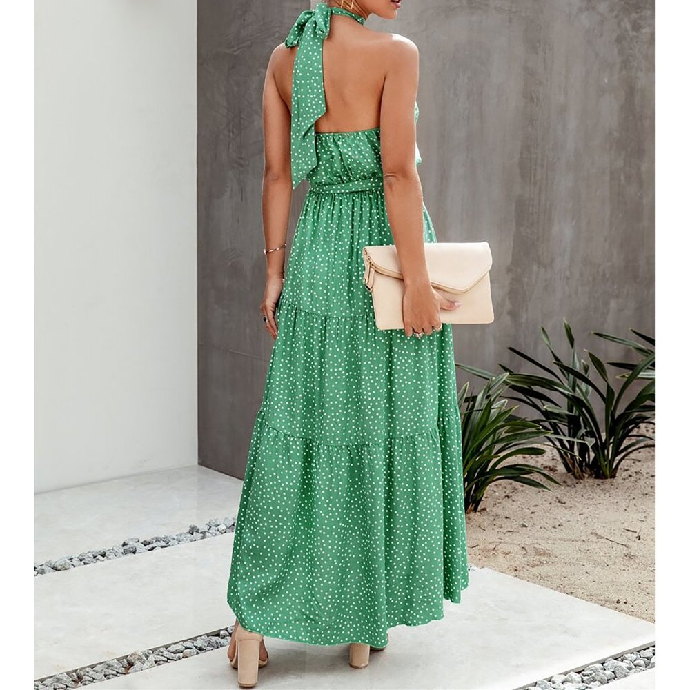 Green Polka Dot Halter Flounce Maxi Dress - Picture 3 of 8